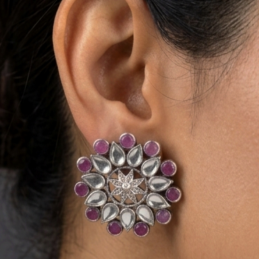 Silver Ruby Pink Polki Stud Earrings 